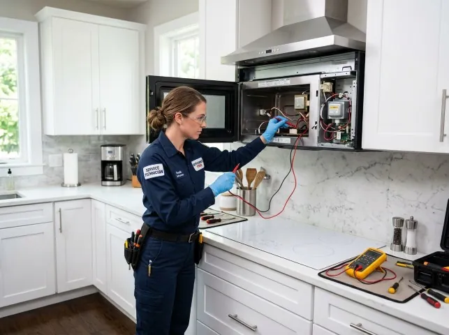 Appliance Repair Hero technician testing an over-the-range microwave in a Auburn, GA kitchen